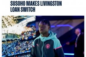 官方：曼城20岁中场苏索霍租借苏超利云斯顿，租期一个赛季